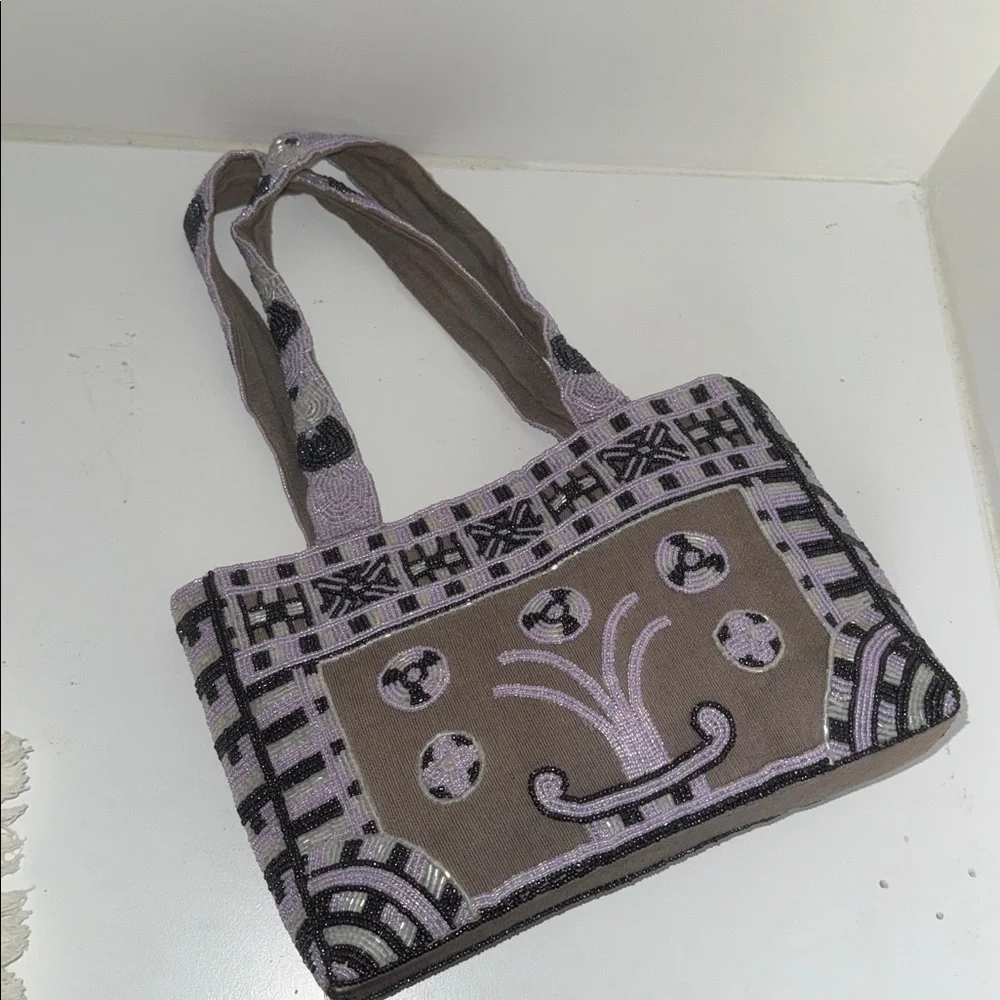 Beaded Ipa Nima  Bag in Taupe and Lilac. made in Vietnam. - Picture 5 of 6